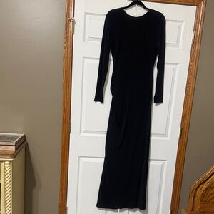 VENUS Black Long Sleeve Open Back Gown with Gold Waist Accent
